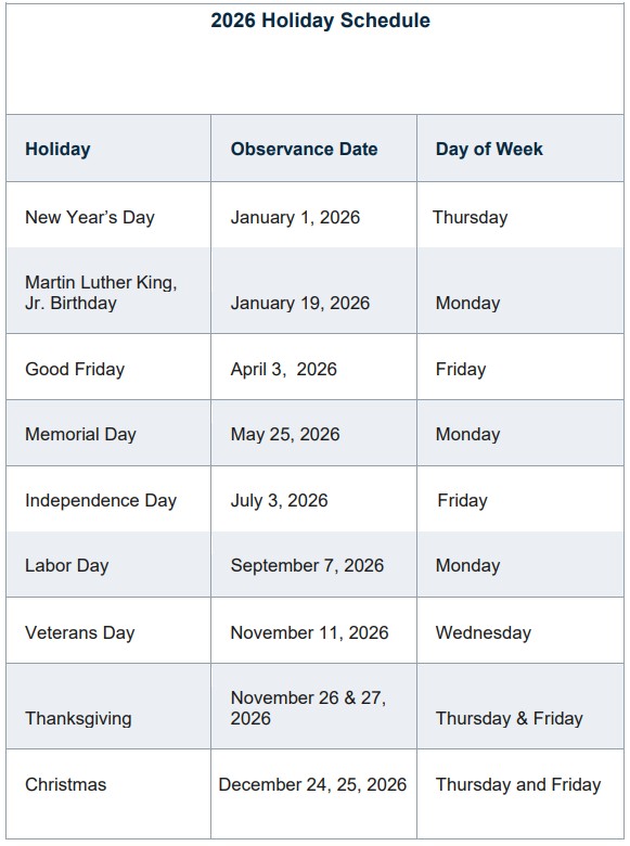 2026 Holiday Schedule